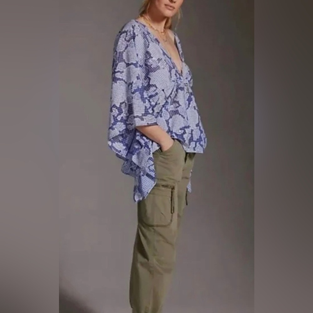 By Anthropologie Tie-Front Caftan Blue Floral One Size - Picture 2 of 5